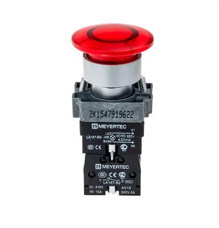 Кнопка грибовидная без фиксации, с подсветкой, 24V, 1NC, красный