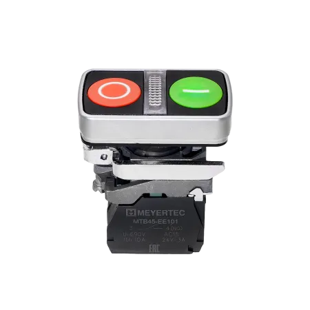 Кнопка двойная плоская с подсветкой, красная/зеленая, маркировка "I+O", 1NO+1NC, 24V AC/DC, IP65, металл