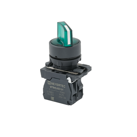 Переключатель  на 2 положения с фиксацией и подсветкой,  зеленый, 1NO, 24V AC/DC, IP65, пластик